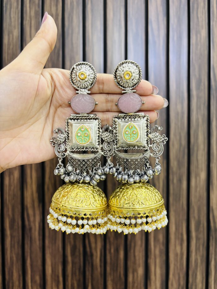 Madhubala brass jhumka pink - Image 1