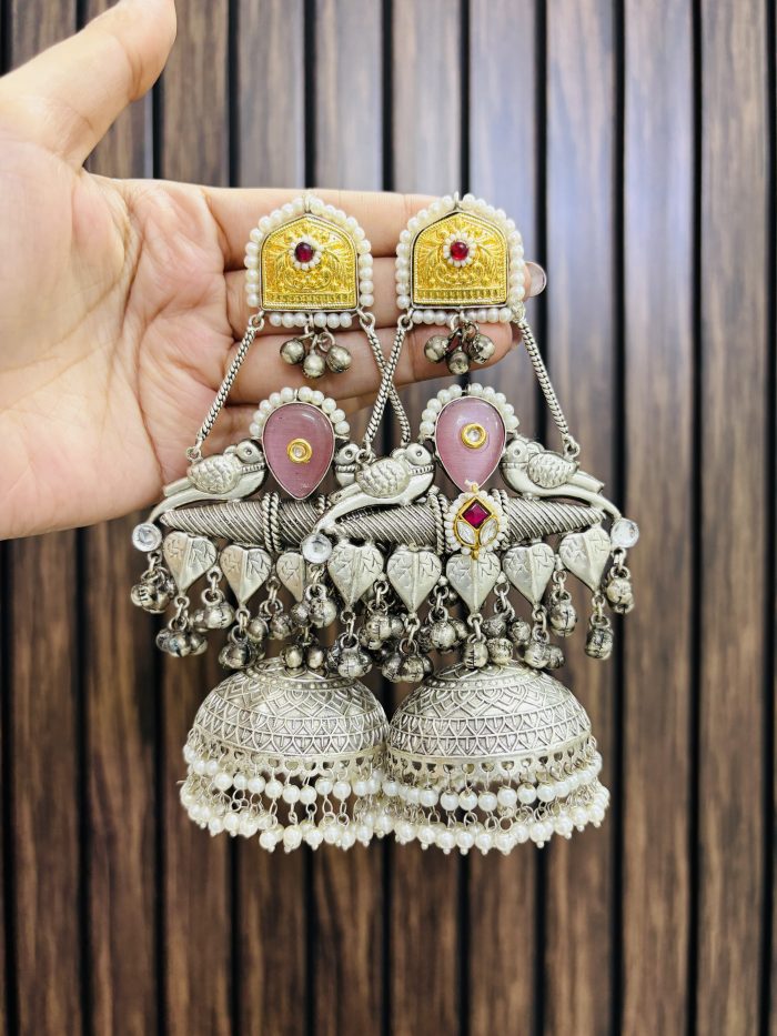 Five leaf brass jhumka pink - Image 1