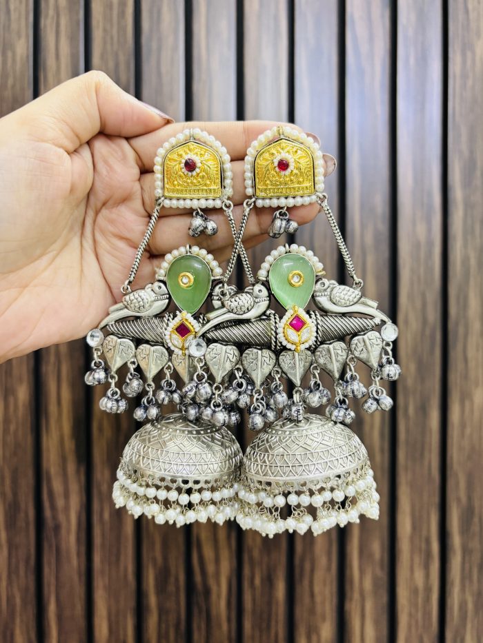 Five leaf brass jhumka Mint - Image 1