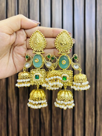 Three jhumki brass golden earrings
