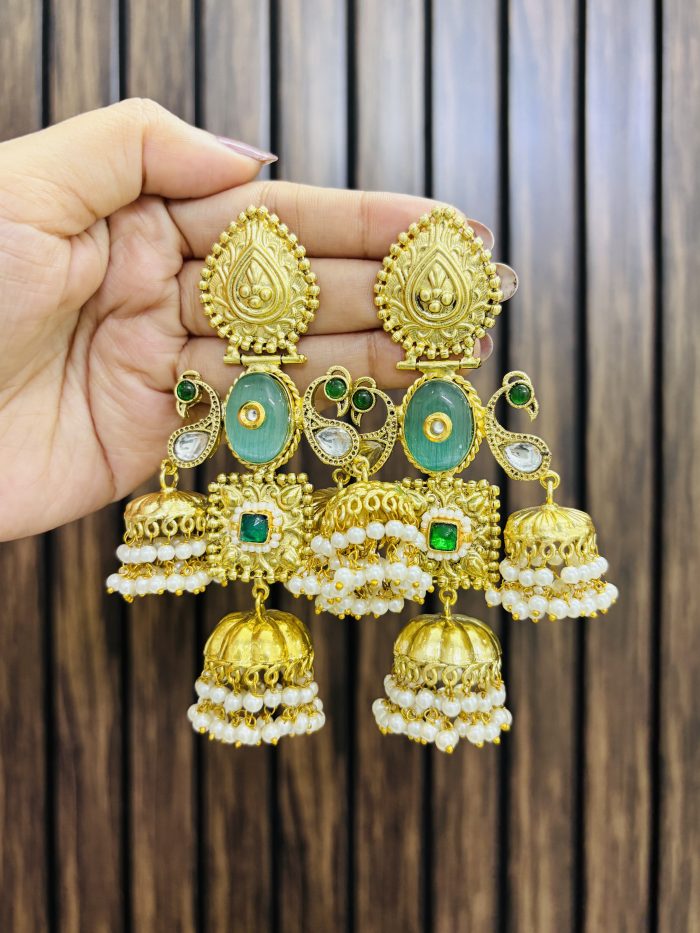 Three jhumki brass golden earrings - Image 1