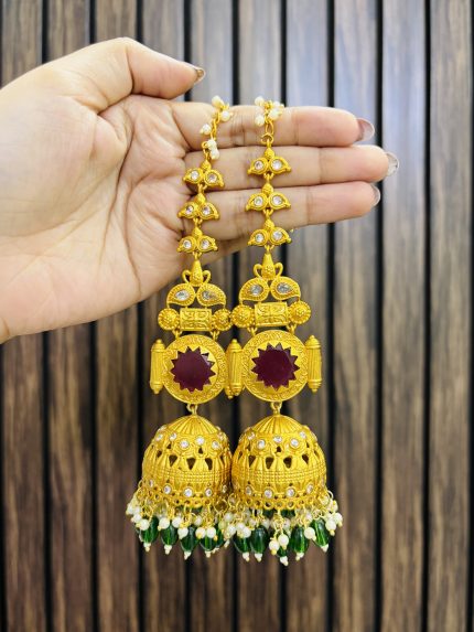 Shamika golden brass jhumka ruby green