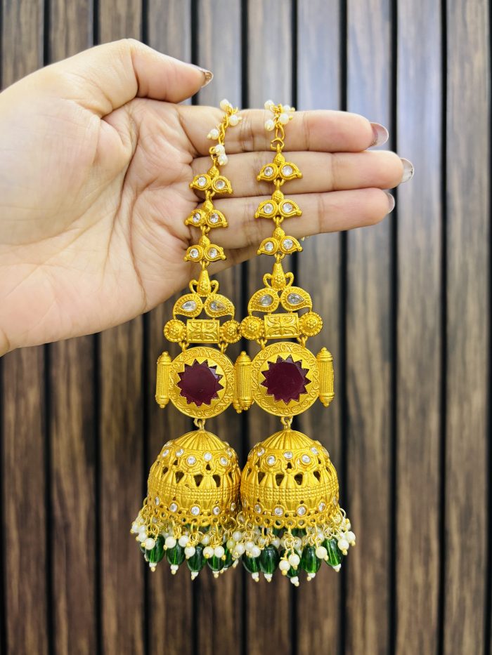 Shamika golden brass jhumka ruby green - Image 1