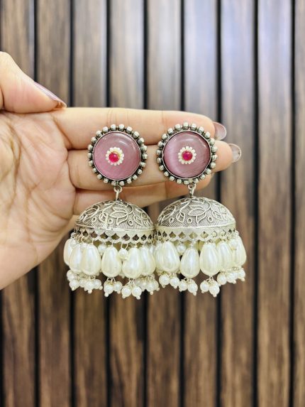 Circle brass earrings pink