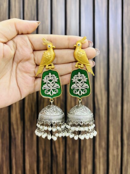 Bird brass earrings green