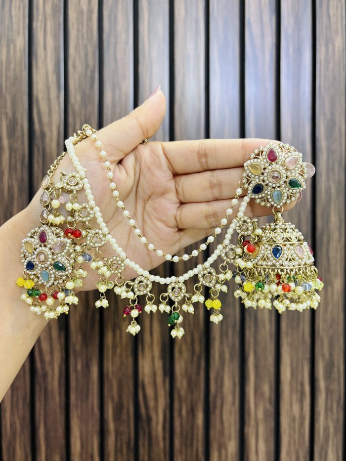 Deepanjali jhumka with sahara chain multi - Image 1