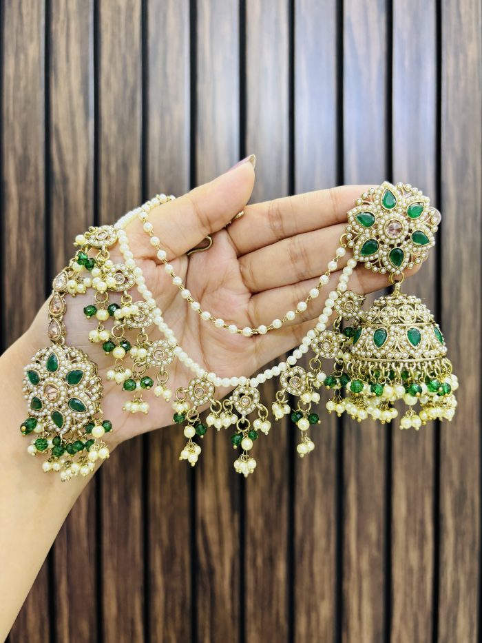 Deepanjali jhumka with sahara chain Green - Image 1
