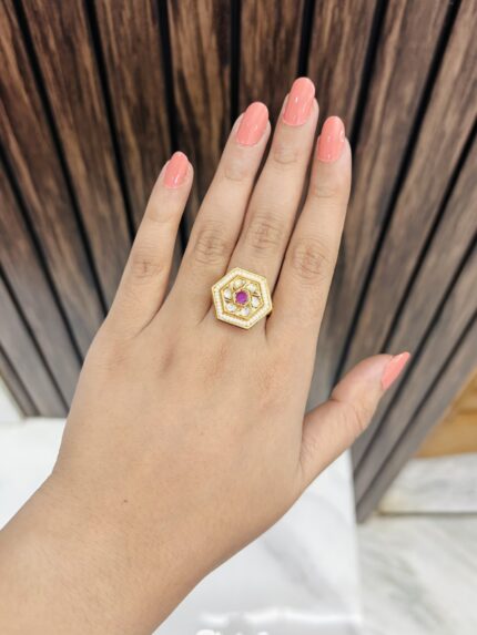 Hexagon kundan ring pink