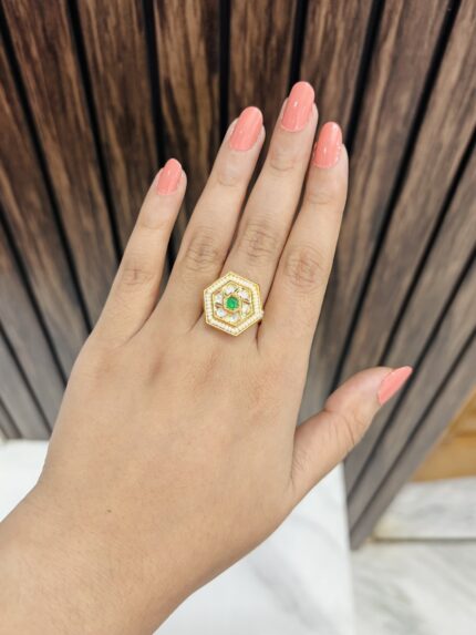 Hexagon kundan ring Green