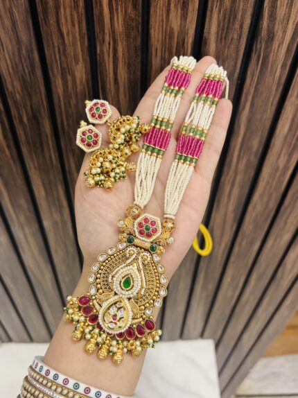 Anushree long necklace with earrings ruby green