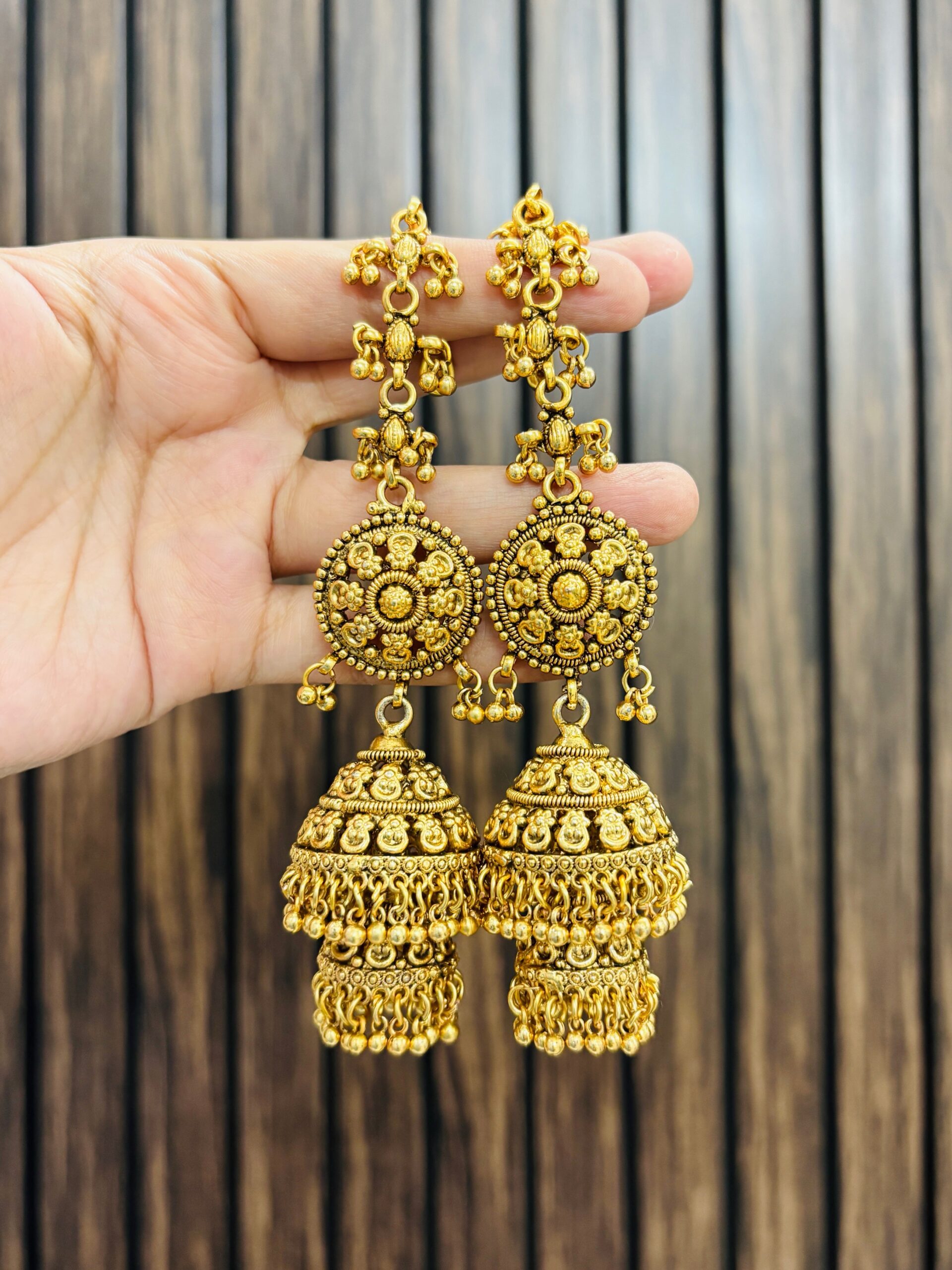 2FEFB830-44AD-483C-837B-C6469FCB2628 Indu golden jhumka design 3 - Image 1