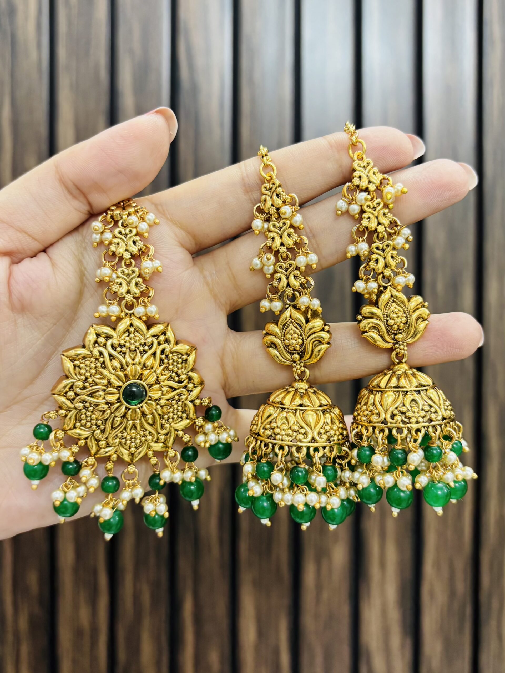 IMG_1927-compressed Saloni Earrings with mangtika Green - Image 1