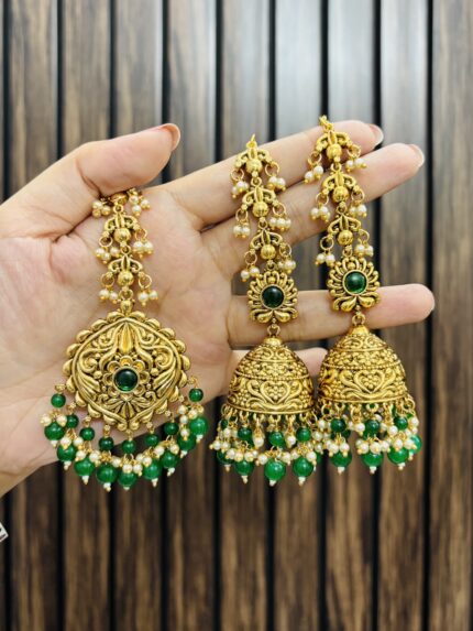 Shalini Earrings with mangtika Green